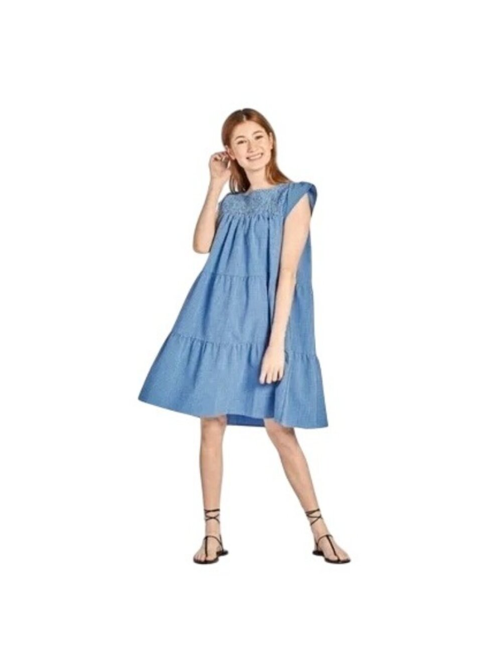 Maxwell & Geraldine Rose Blue Gingham Tiered Babydoll Dress Womens Large NEW